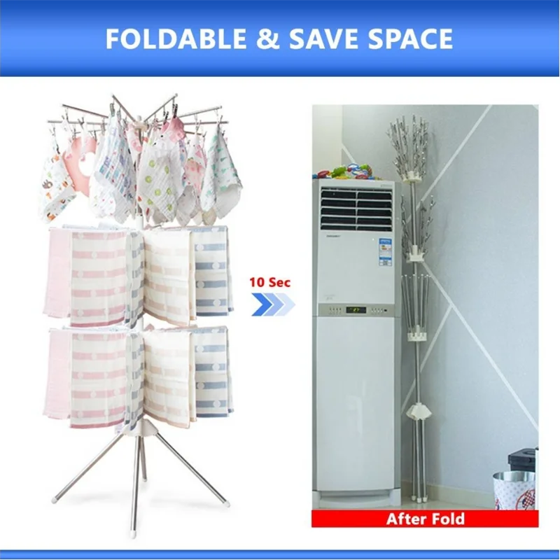 304 Stainless Steel Folding Clothes Airer Drying Rack, Towel Rail Pole, Balcony, Bedroom Coat Hanger, Save Space