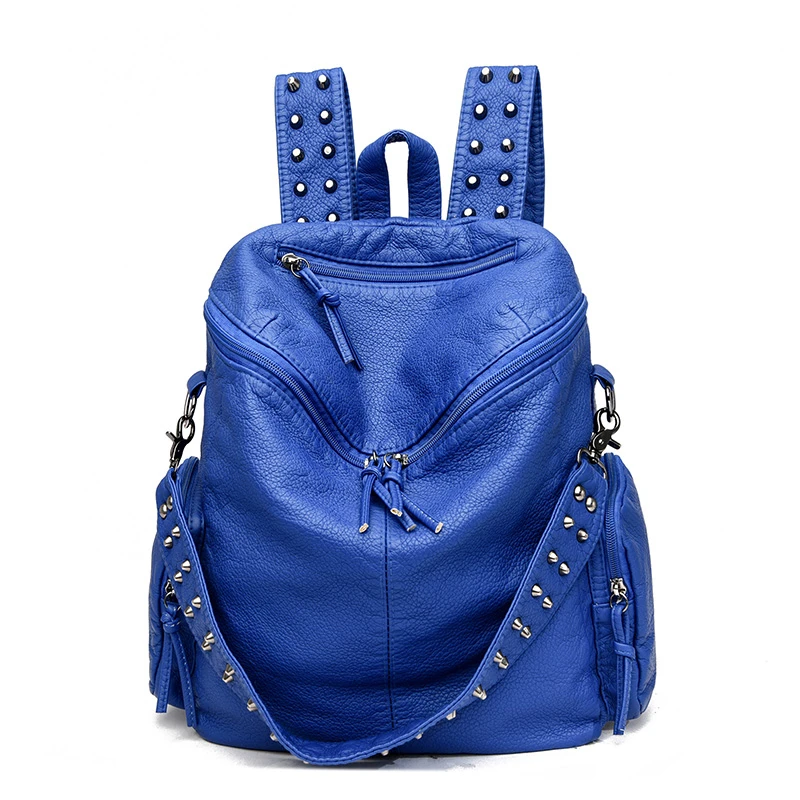 New Luxury Brand Woman Backpack High Quality Leather School Bags Rivet Moto Style Women Backpacks Vintage Soft Lady Shoulder Bag