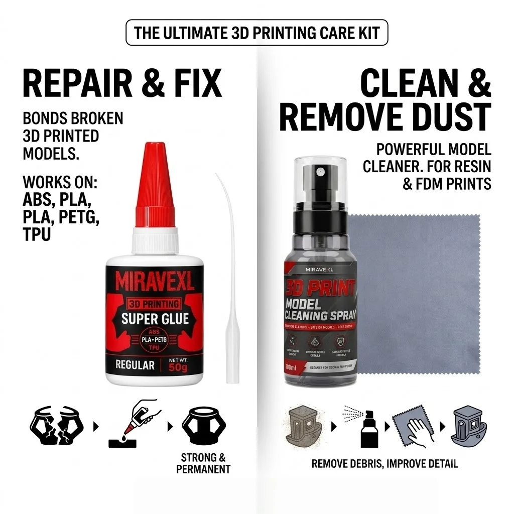 Miravexl 3D Printer Finishing Kit: 50g Strong Super Glue for All Filaments, 100ml Model Cleaning Spray & Microfiber Cloth Set