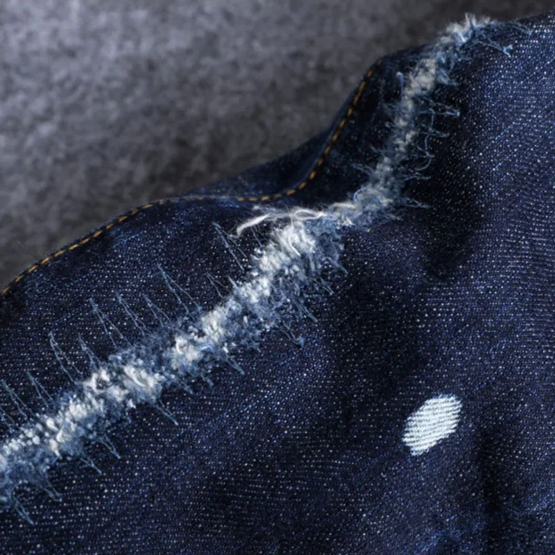 

Designer's autumn fashion new jeans with wrinkles, scratches, washed water, nostalgic stretch, slim fit, blue jeans, high street