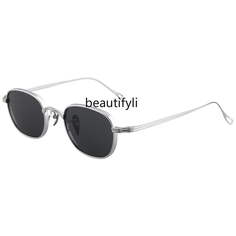 Women's Pure Titanium Sunglasses Retro Ultra-Light Small Frame Glasses Brown Sunglasses