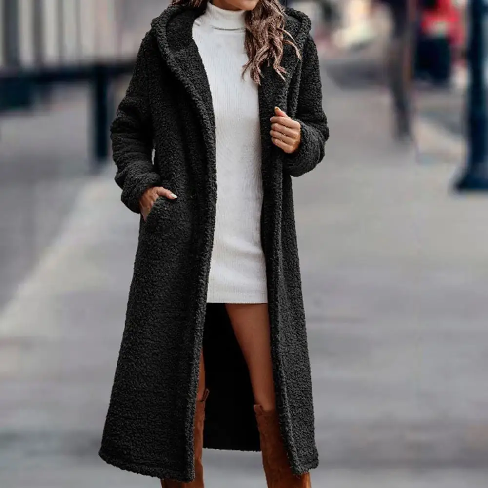 

Women Winter Coat Thick Solid Color Hooded Hat Long Sleeve Keep Warm Woolen Mid-calf Length Lady Overcoat for Outdoor