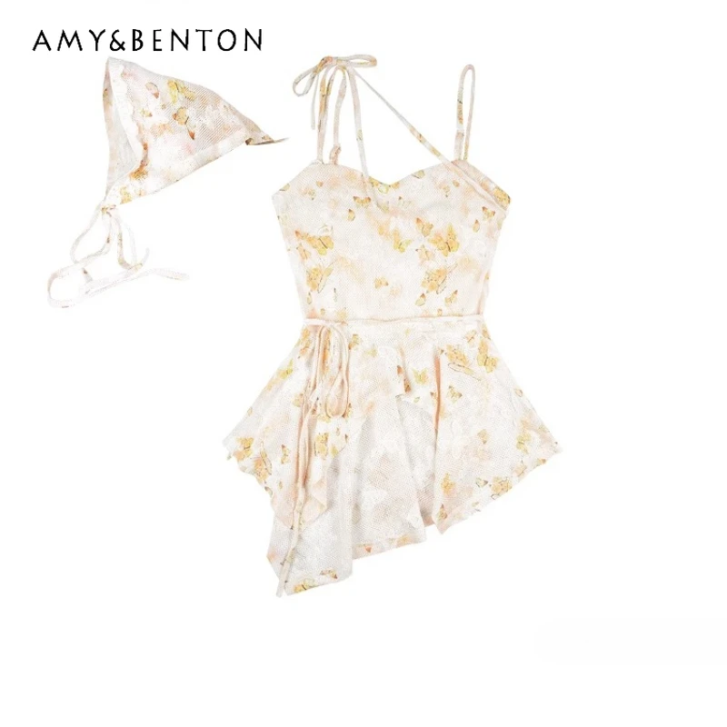 

Japanese Design Pink Butterfly Printing Yellow Lace-Up Women's Vest Autumn New Sweet Cute Age-Reducing Sleeveless Sling Ladies