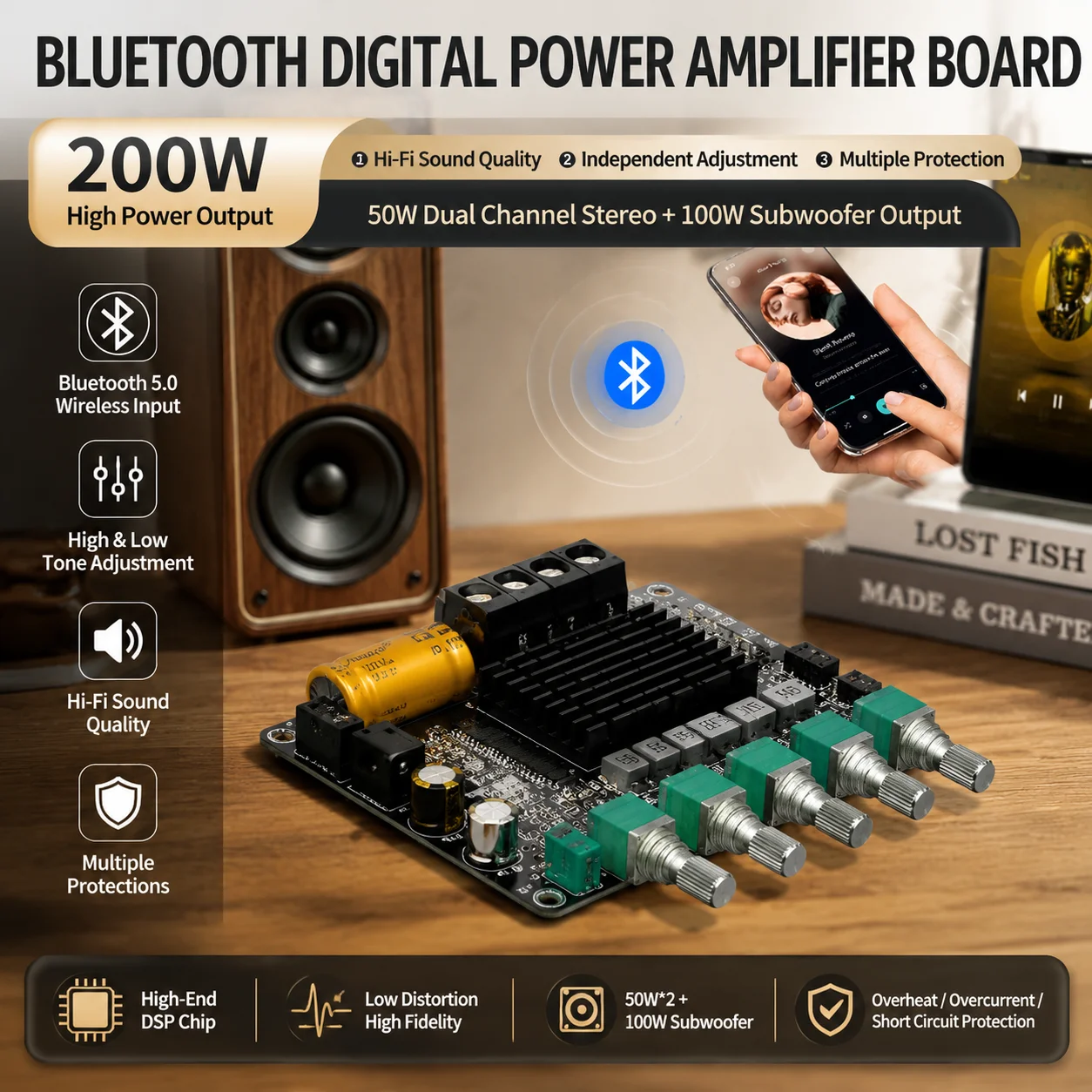 MT21 BT5.1 2.1CH Digitaler Verstärker-Board 50W×2+100W Subwoofer DC12-24V Höhen- & Bassregelung AUX Mehrfachschutz DIY HiFi Lautsprecher-Verstärker