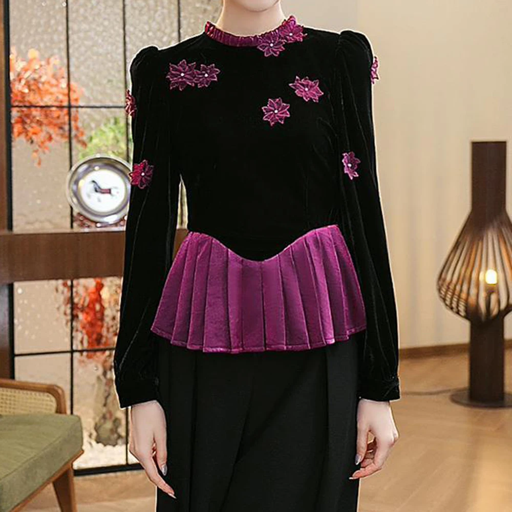 

new winter design is niche and does not collide black golden velvet top shirt for women's high-end beautiful foreign style
