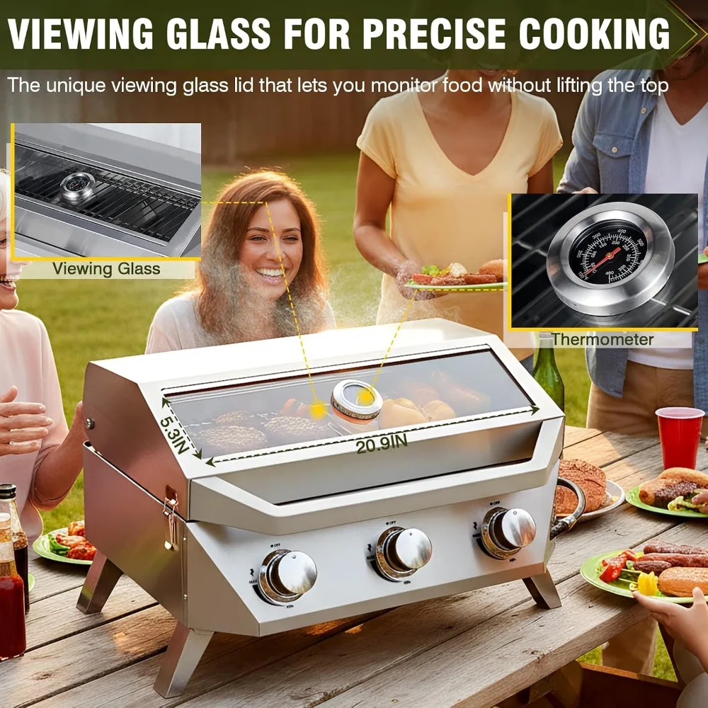 D123-Burner Tabletop Gas Grill With Viewing Glass, 30,000 BTU Portable Propane BBQ Grill For Outdoor Cooking