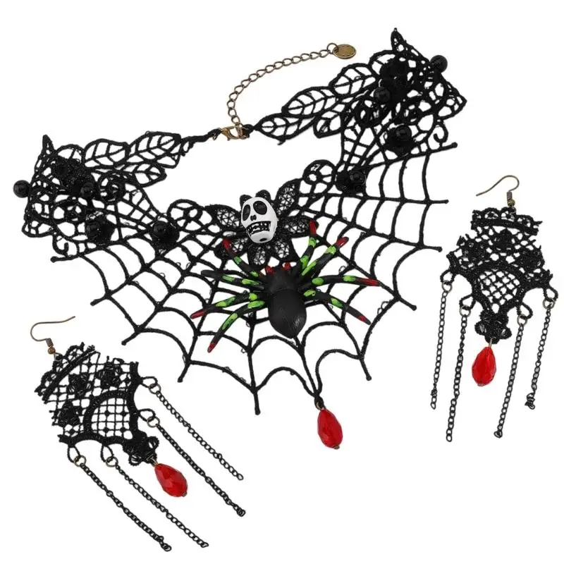 

39BD Women Gothic Statement Jewelry Set Lace Choker Necklace with Rhinestones Earrings Halloween Costumes Accessories
