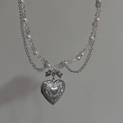 Vintage Heart Cross Pendant Necklace Gothic Multi layered Tassel Imitation Pearl Chain Choker Trend Party Neck Jewelry
