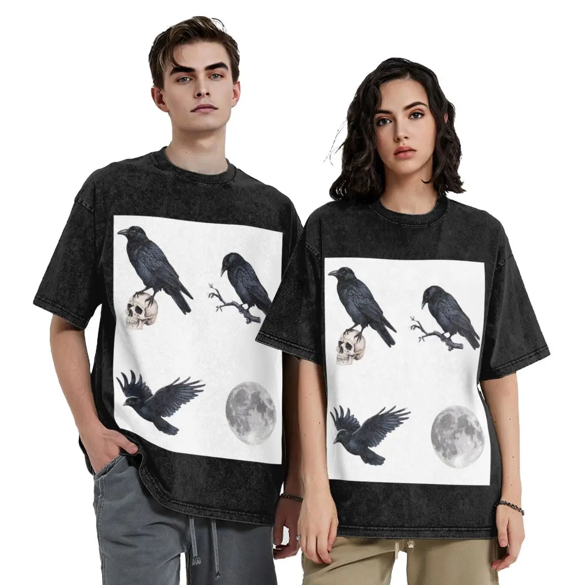 Trendy Black Raven Crow ,skull And Moon Pack Short Sleeve T-Shirts Washed Tops Tees Streetwear T Shirt Oversized for Men Women