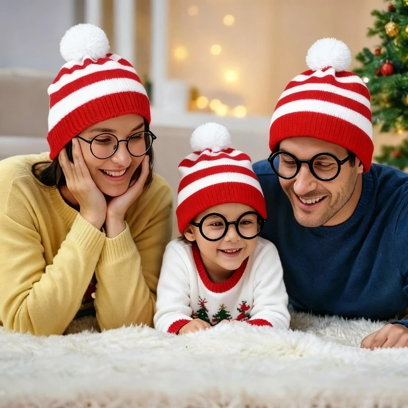 2 Stück rote Fleece-weiße Beanie-Mütze mit Fleece-Pom, Winterwärme, geeignet für Neujahr, Weihnachten, Urlaubszubehör, Dekorationen