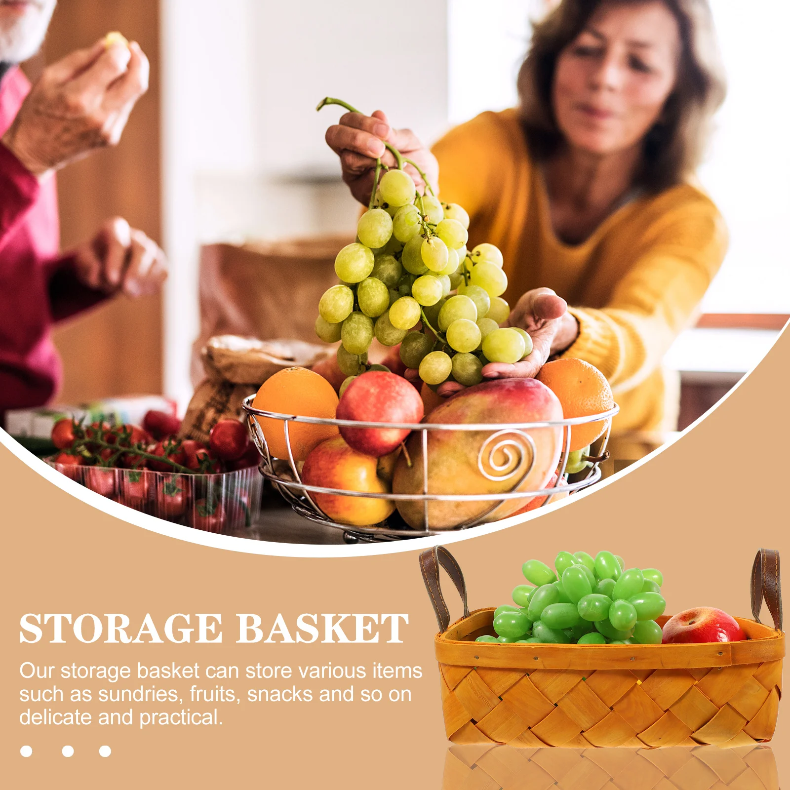 

Hand-Woven Storage Basket Natural Woodchip Portable Picnic Fruit Vegetable Organizer Rustic Kitchen Sundries Basket Flower