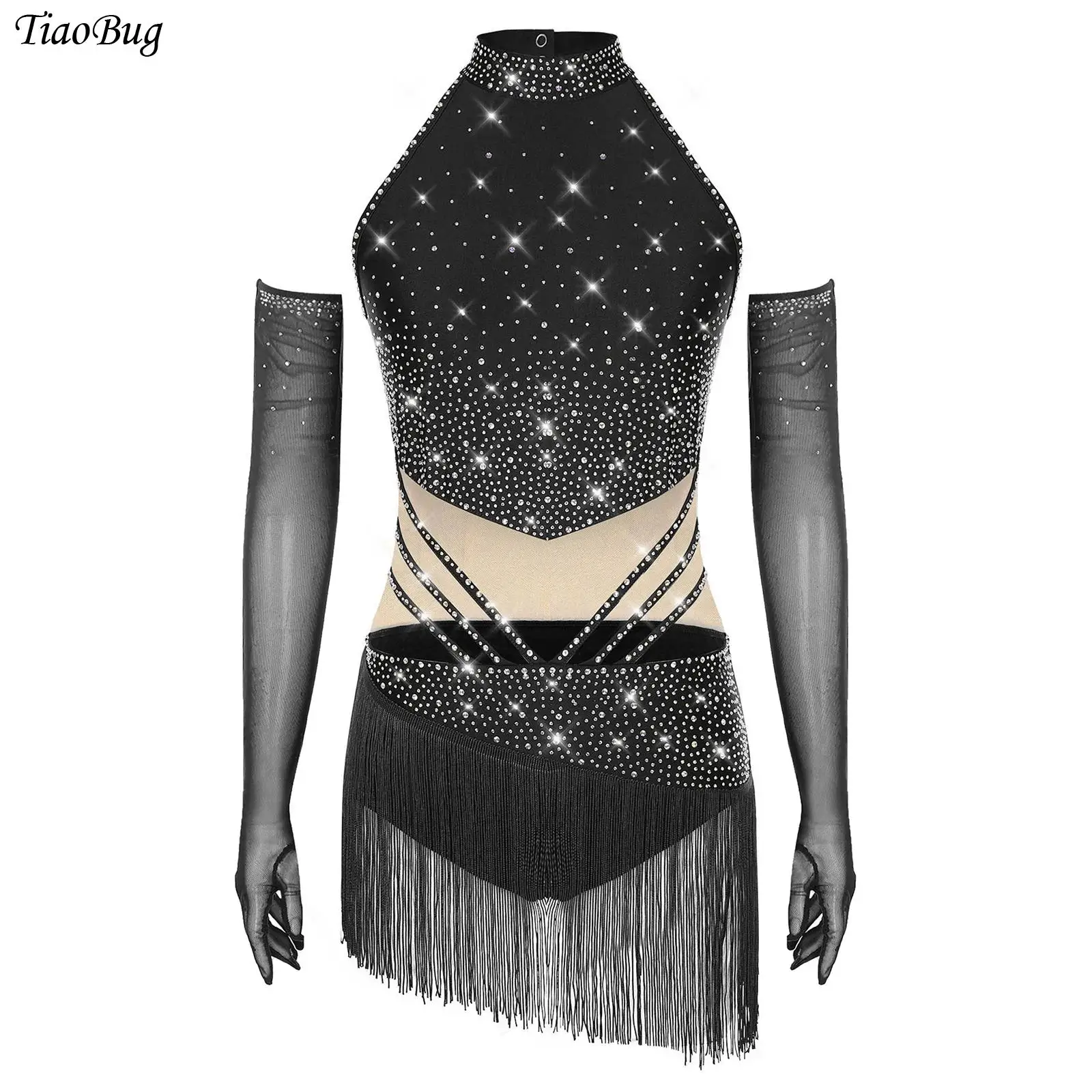 

Womens LatinDance Leotard Dress Figure Skating Costume Sleeveless Back Hollow Out Tassel Skirted Bodysuit+Mesh Gloves Outfit