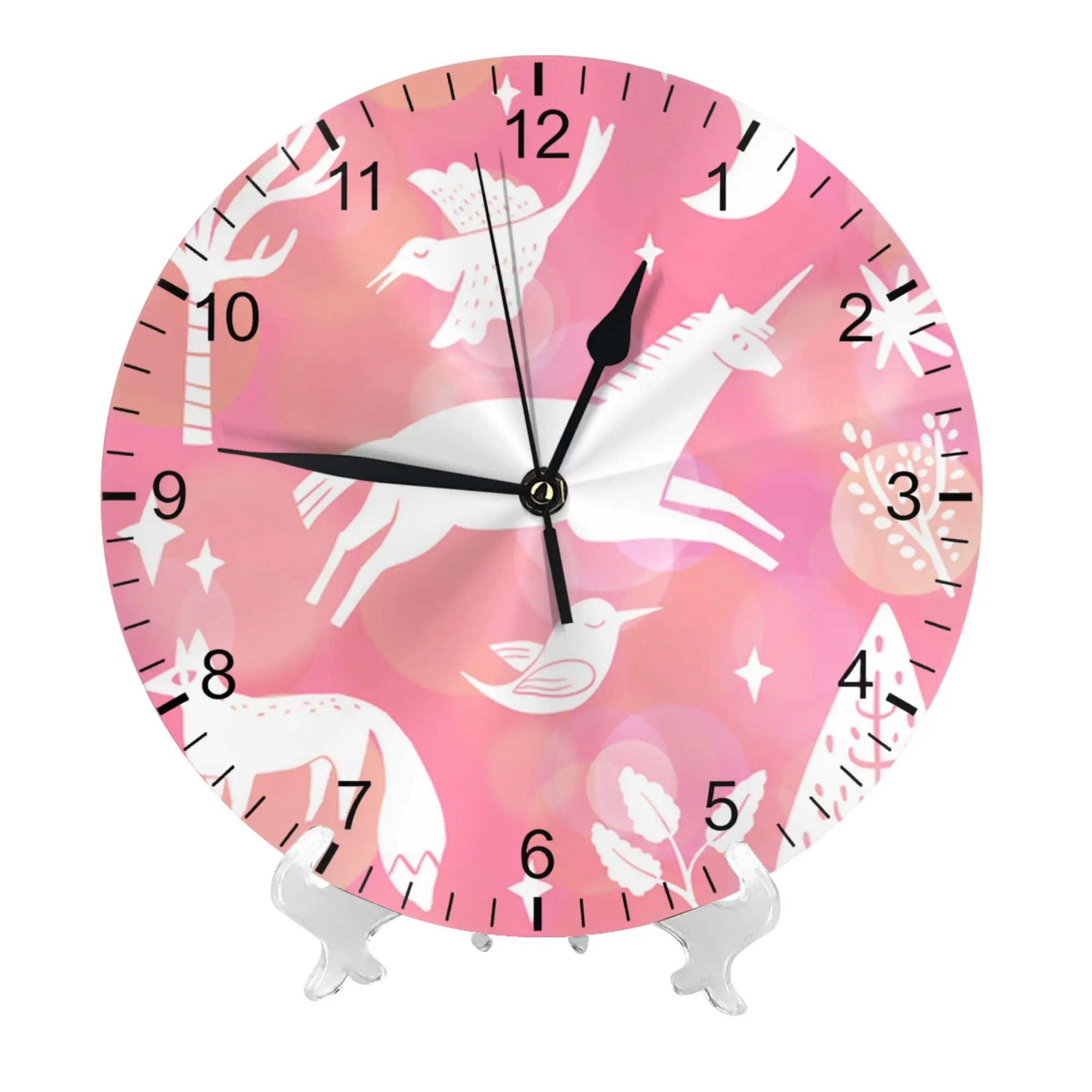 Unicorn Round Wall Clock Silent Non-Ticking Pink Eco-Friendly Plastic Decorative Clock for Kids Girl Bedroom Home Decor