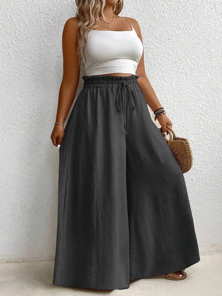 Plus Size Solid Color High-Waist Wide Leg Pants With Paperbag Waist, Summer Fall Cloth For Women