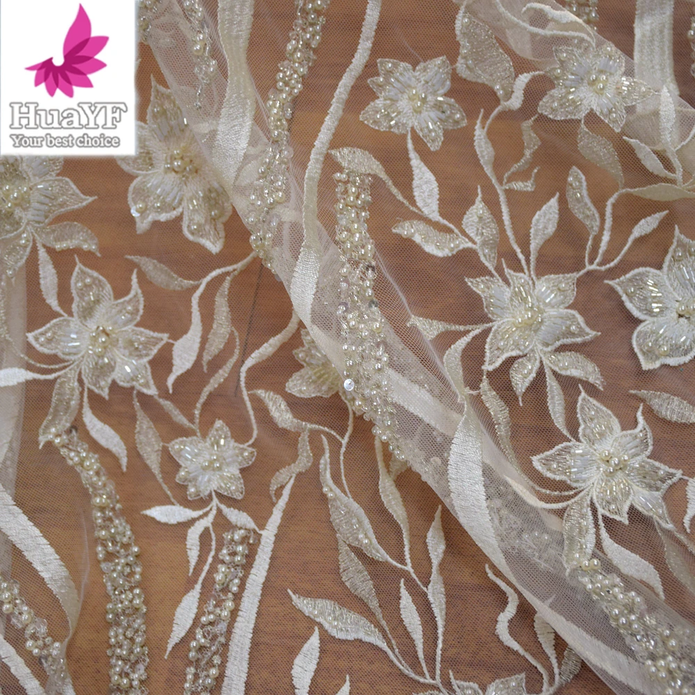 

1 Yard French Handmade Beaded White Lace Fabric Luxury Sequined Lace Fabric Wedding Dress 3d Bridal Embroidered Mesh HY0910
