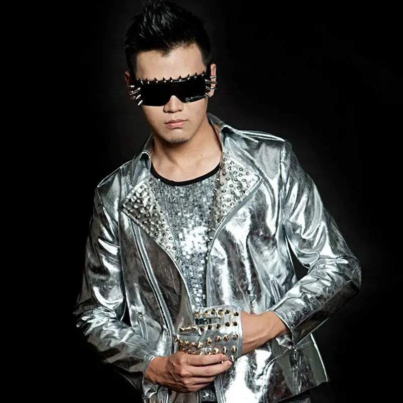 

Nightclub Bar Performance Costume DJ Silver Metallic Rivet Leather Vest Motorcycle Stage Performance Costume Gogopark