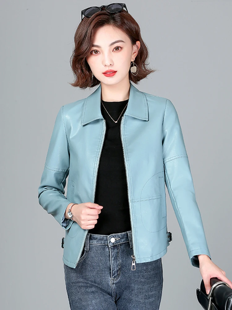 Giacca in Vera Pelle Nera da Donna, Stile Sportivo, Primavera-Autunno, con Cerniera e Colletto, per il Lavoro, Taglia Piccola, Novità 2025