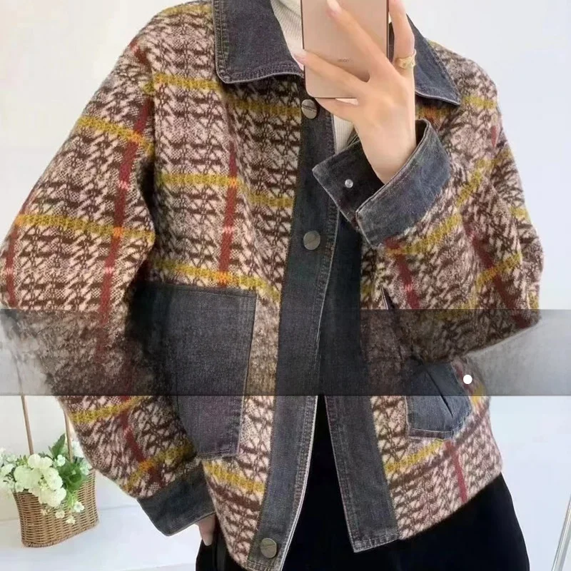 

Осенне-зимняя джинсовая куртка-пэчворк из двусторонней шерсти, укороченная, женская, маленького размера, в корейском стиле, свободного кроя, премиум-класса, верхняя одежда