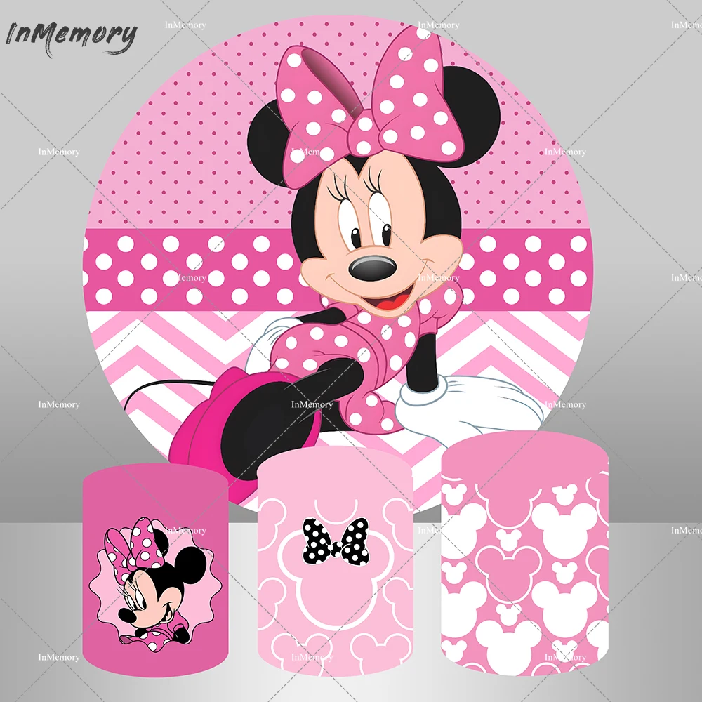 Rosa Pink Round Background Circle Photo Backdrop Cartoon Minnie Mouse Baby Shower Birthday Party Decoration Table Cylinder Cover