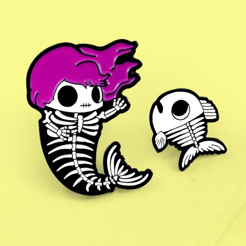 

Cute Mermaid Skeleton Fishbone Brooch Zombie Pirate Mermaid Fishbone Enamel Pins Badge Fish Bones Badge Fantasy Gifts Brosche