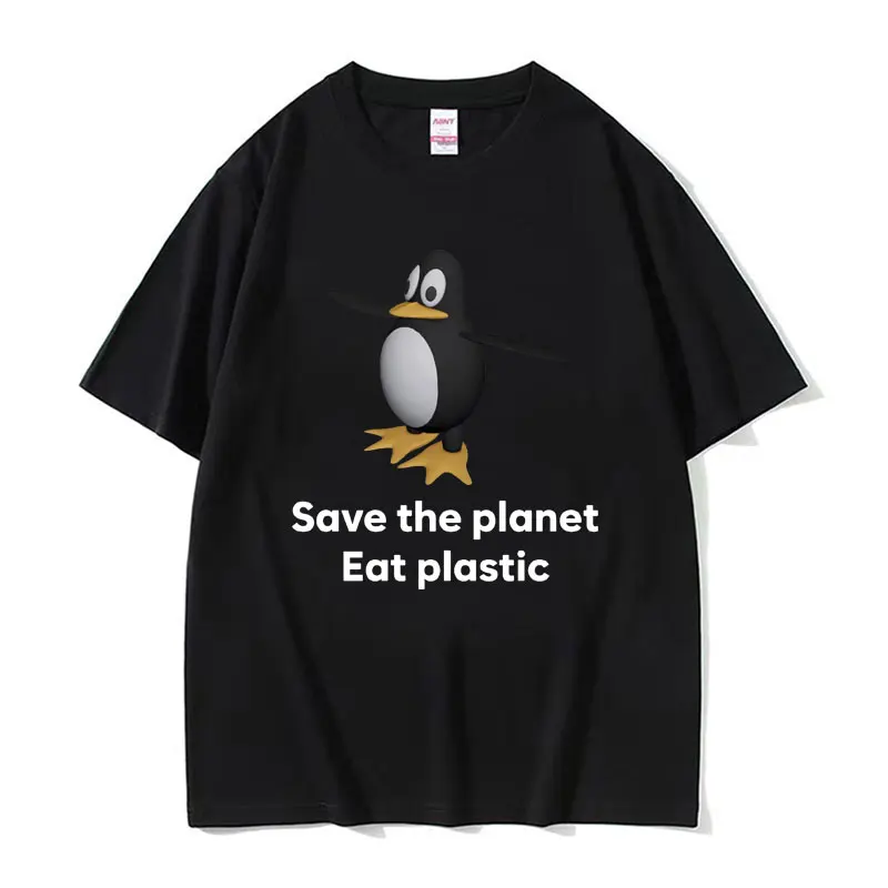 

Short Sleeved Round Neck Y2k Tshirt Clothing Top Tees Save The Earth Eat Plastic Funny Meme Cute Penguin Graphic T-Shirts Men