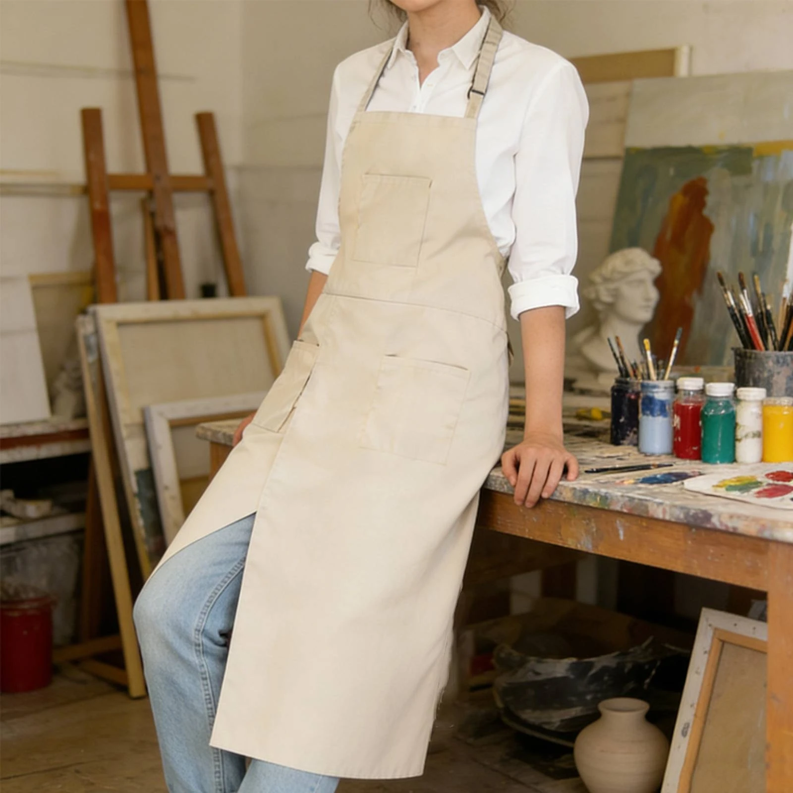 Split-Leg Apron Three Pockets Work Apron Workwear Long Clothing Lightweight