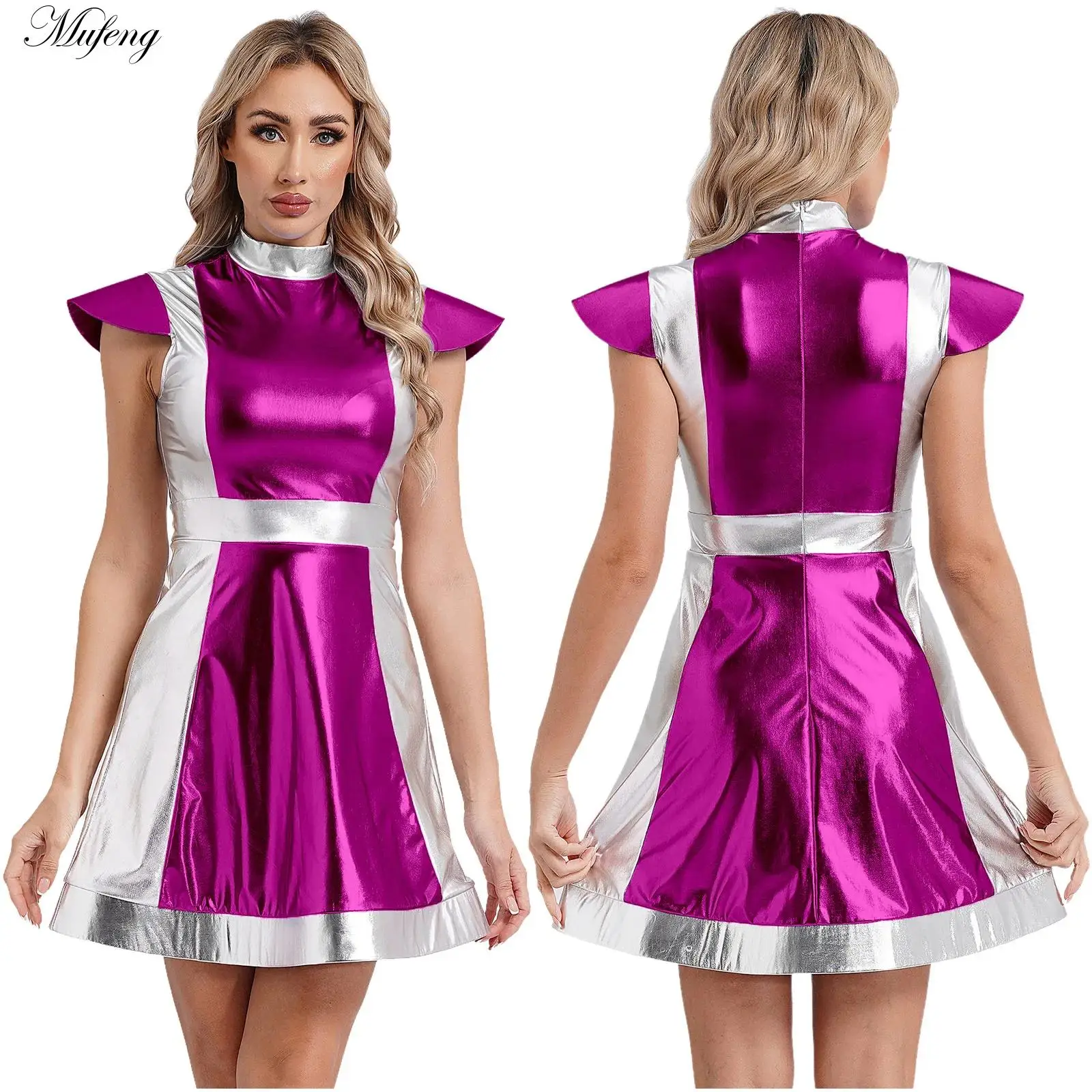 

Women Alien Cosplay Costume Halloween Robot Astronaut Shiny Metallic Dress Arm Sleevee Spangles Dresses Fancy Dress Up Clothes