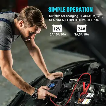 20安培智慧電池充電器,12V/20A 和 24V/10A。適用於鋰電池、磷酸鋰電池、鉛酸電池(AGM/膠體/SLA 等)的汽車電池充電器、涓流充電器等。 6 最佳銷售 磷酸鋰電池充電器 - №1