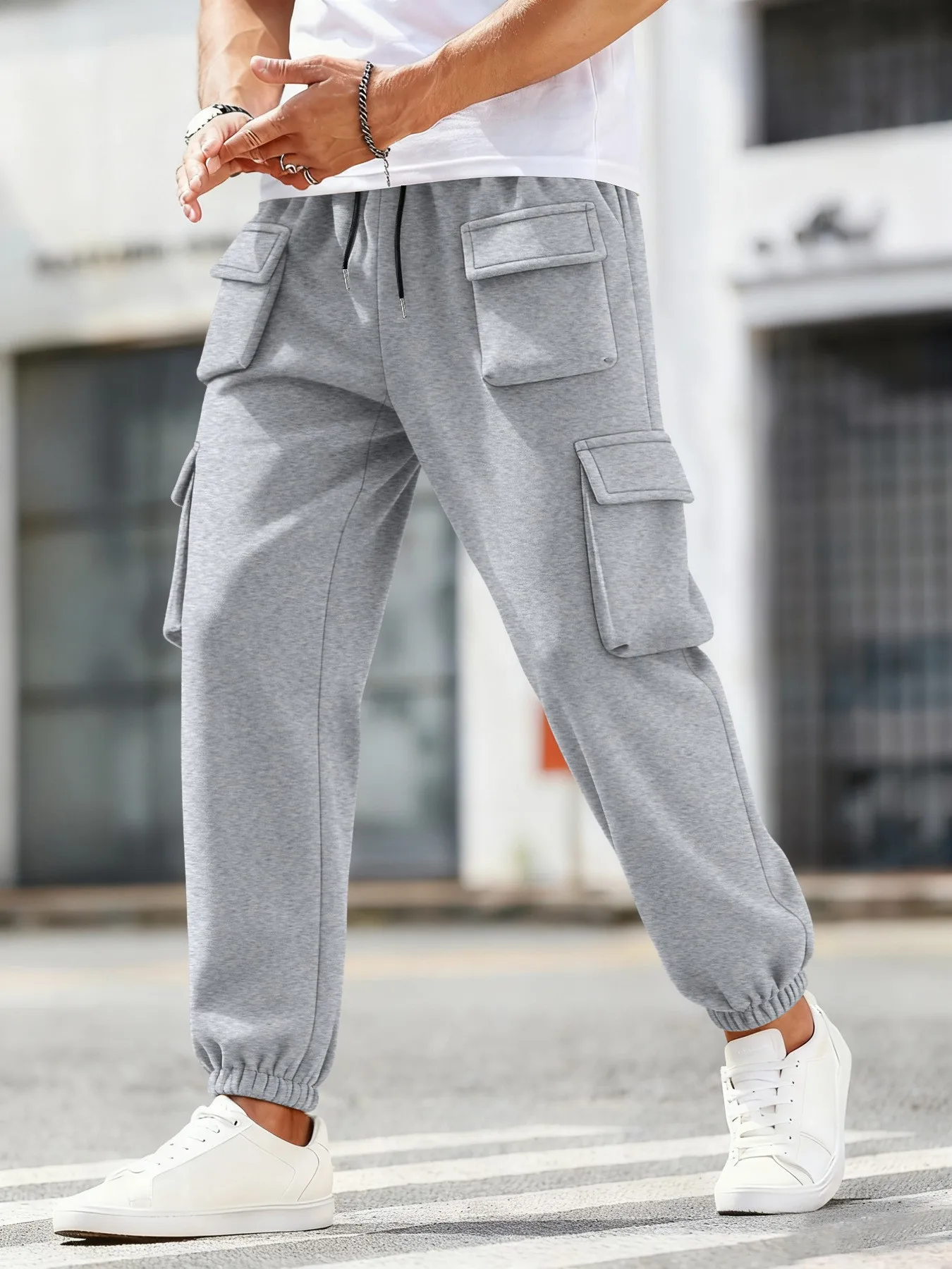

Winter new style textured warm multi-pocket plain-colored men's drawstring work pants with ankle cuffs