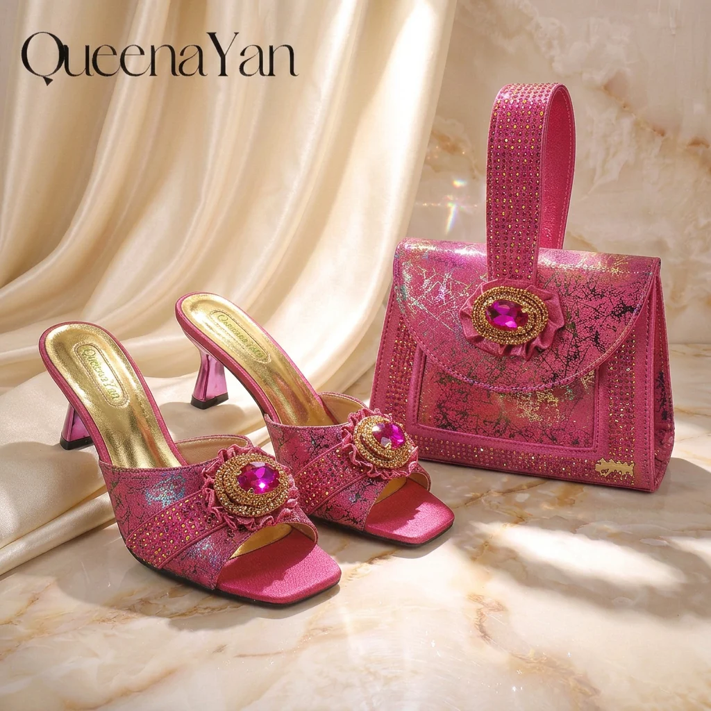 2026 Hot Fuchsia Ladies Heels & Matching Handbag Set Large Gem Rhinestone Square Toe Stiletto Slip-on Shoes for Wedding Party