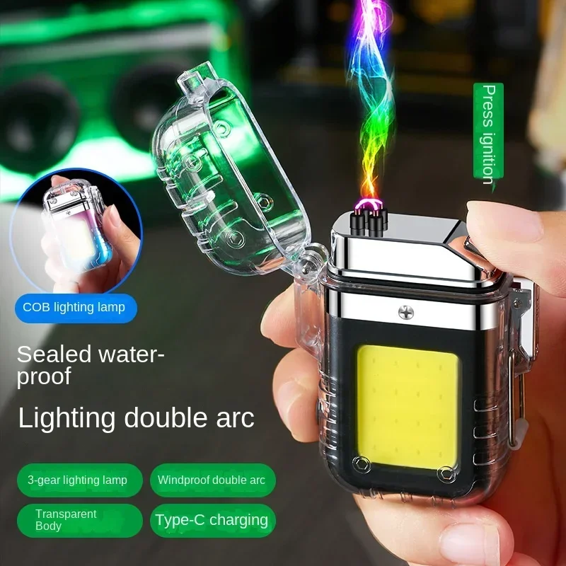 New Transparent Waterproof Lighter Windproof Lighter Plasma Double Arc Flashlight USB Rechargeable Outdoor Camping Lighter