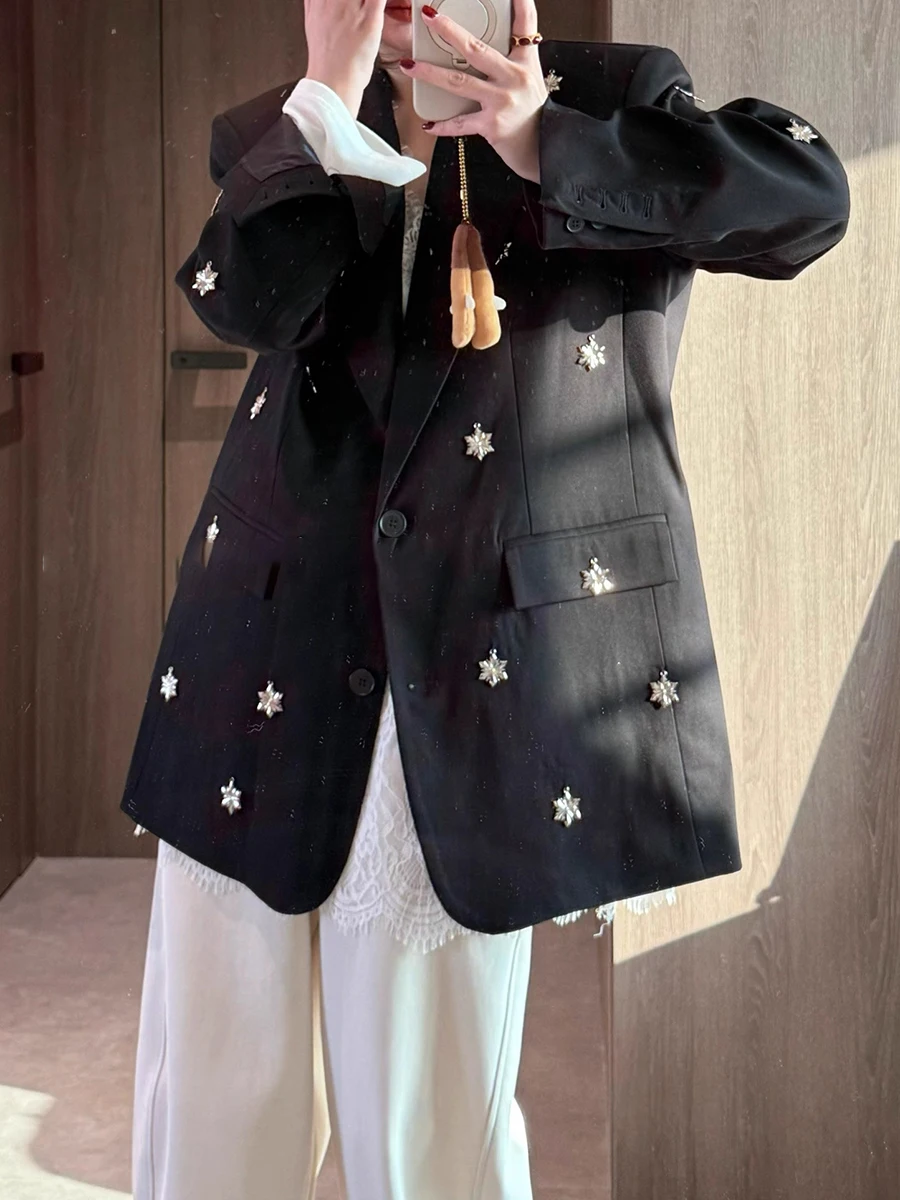 TWOTWINSTYLE Solido Allentato Impiombato Paillettes Casual Blazer per Le Donne Risvolto Maniche Lunghe Patchwork Tasca di Moda Giacca Sportiva Femminile Nuovo