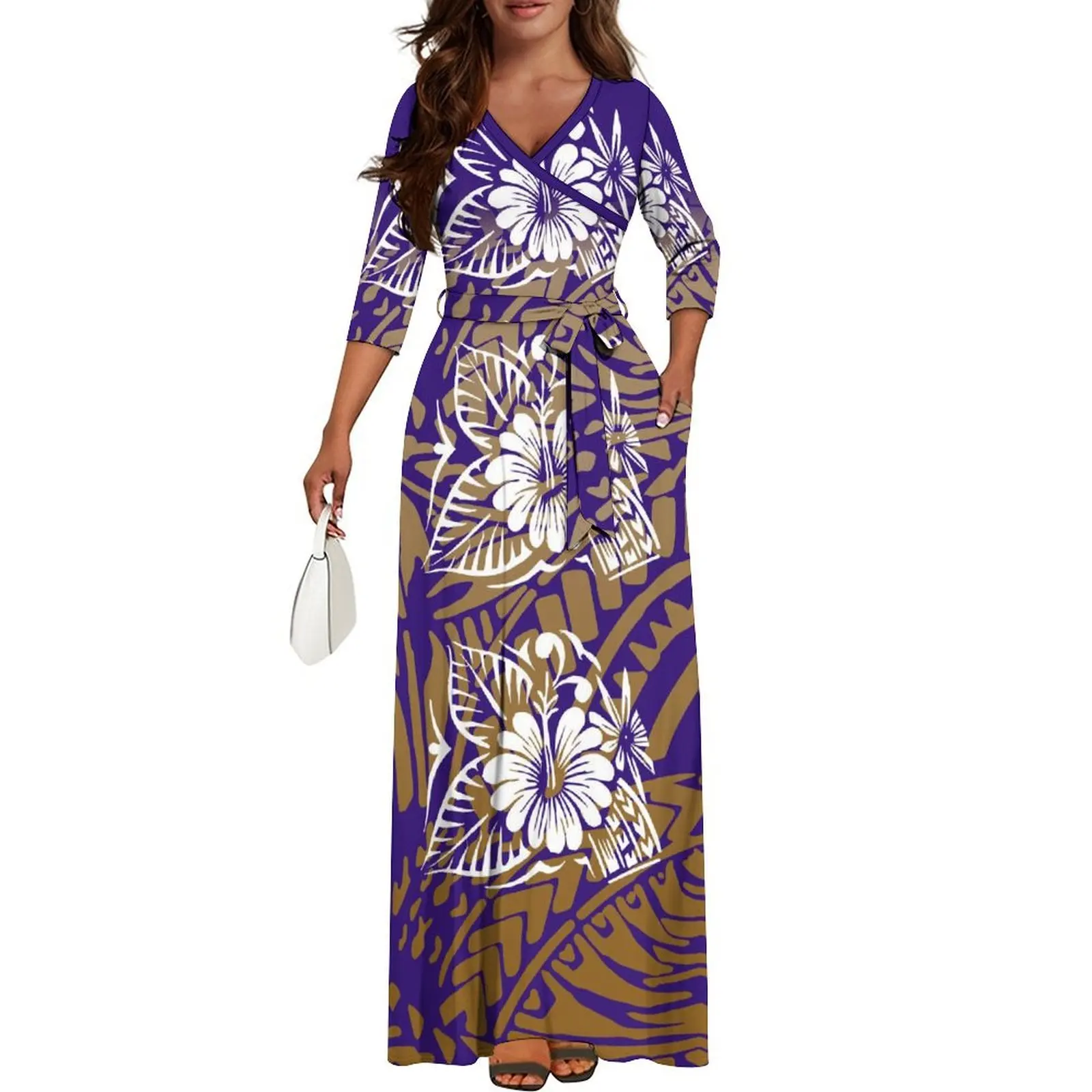 Samoa Island Club Women'S Custom Autumn New Design Long Sleeve Dress Elegant Skirt Temperament V-Neck Waist Strap Design