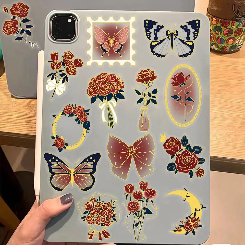 50 SZTUK Retro Różane Naklejki Dekoracyjne z PET, Przezroczyste, do Prezentów, Zestaw DIY na Laptopa, Kubek na Wodę, Torbę, Naklejki Dekoracyjne z Hot Stampingiem