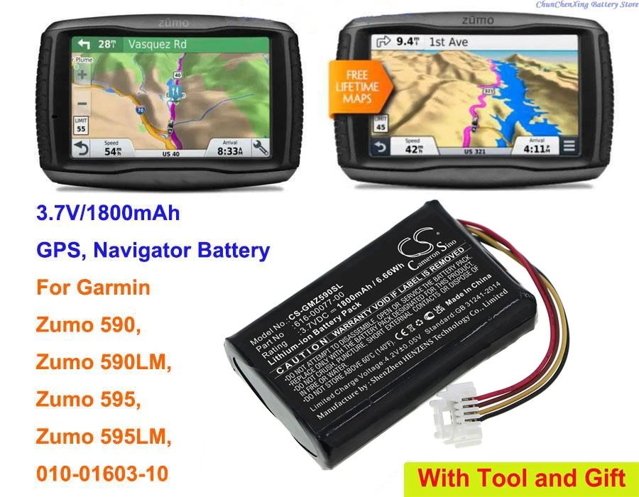 3.7V 1800mAh GPS, Navigator Battery 616-00077-00 for Garmin Zumo 590, Zumo 590LM, Zumo 595, Zumo 595LM, 010-01603-10 +TOOL