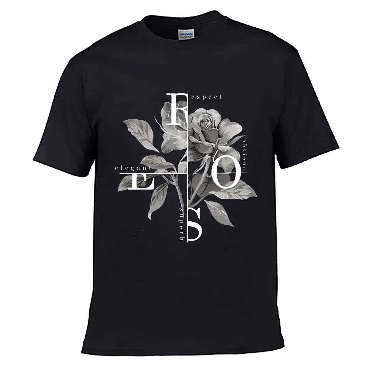Grayscale Rose Floral Letter Art Design Solid Washed Vintage Tee Distressed Loose