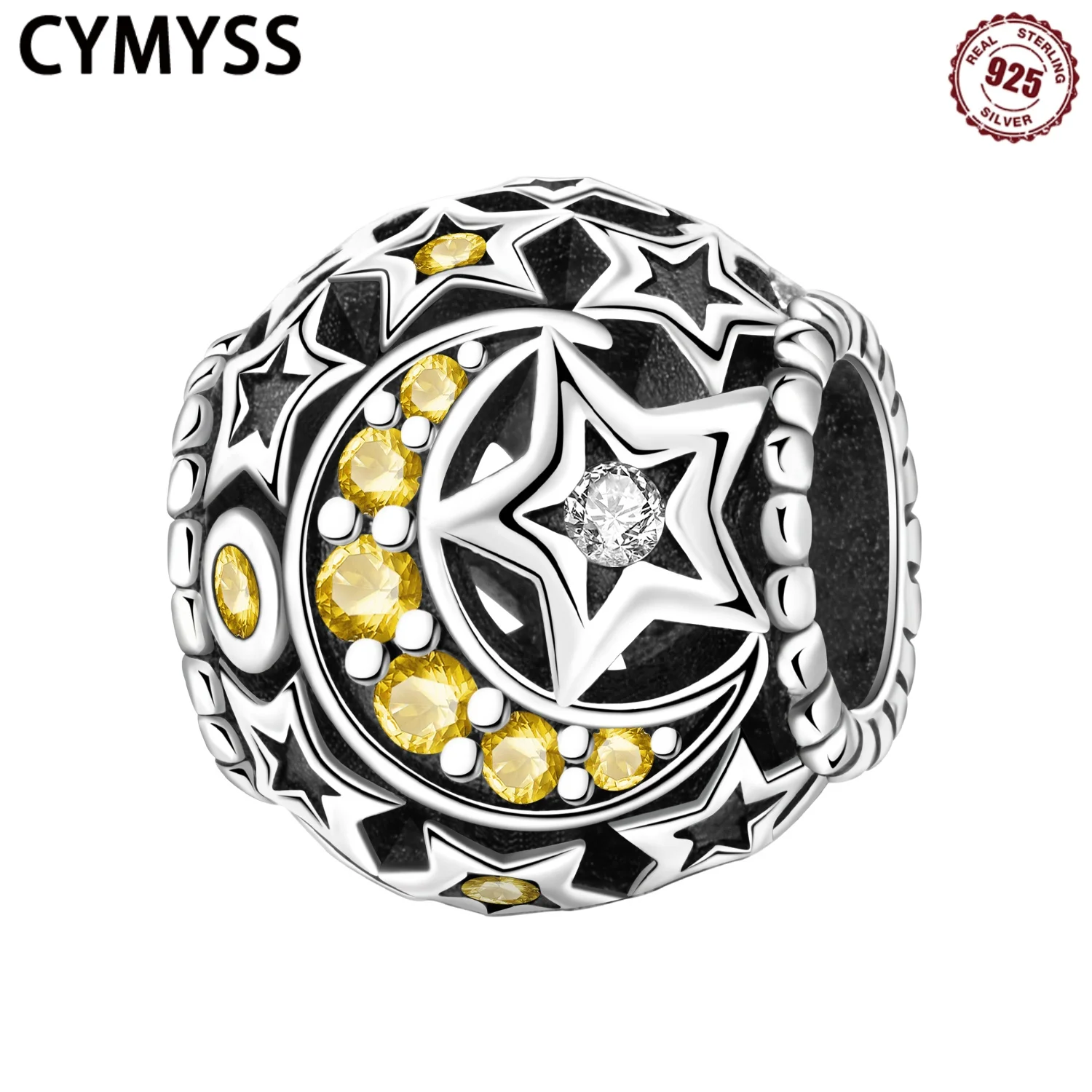

CYMYSS 925 Sterling Silver Starry Moon With Hollowed Out Beads Suitable For DIY bracelets, Gift Giving Charm Jewelry Beads