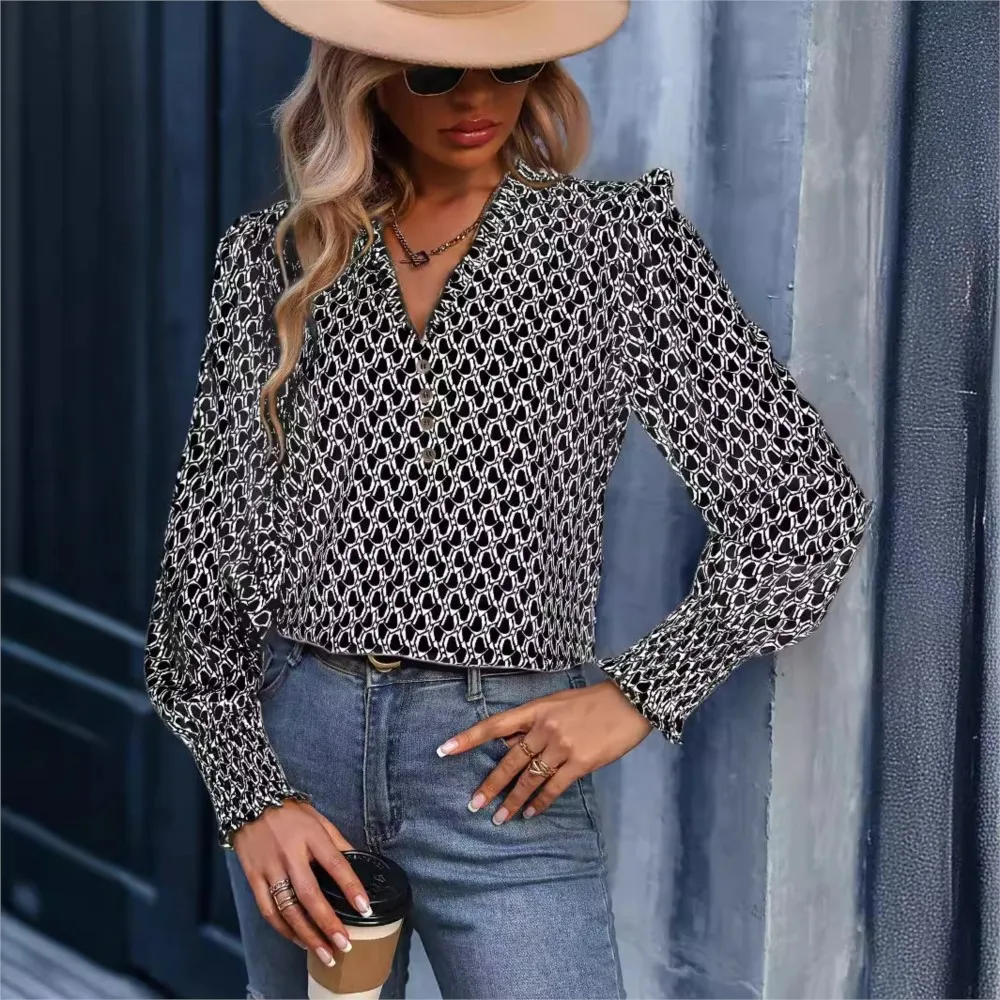 Office Lady Button Lotus Leaf Splicing V-neck Blouse 2024 New Women's Fashion Geometric Print Loose Long Sleeved Shirt For Women