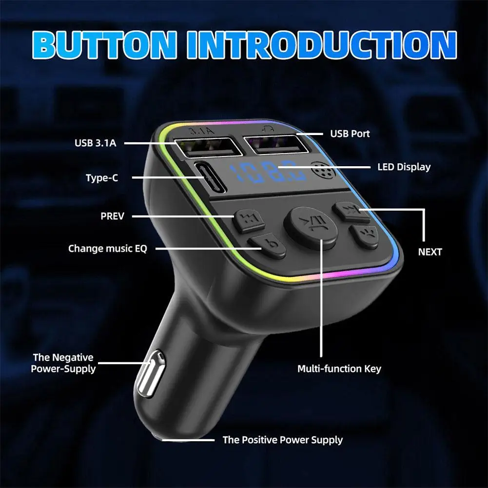 Car Bluetooth 5.0 FM Transmitter Hands Free Calling USB Dual Radio Player/USB Radio Adapter Car PD Charger Chargers Type-C G3I6