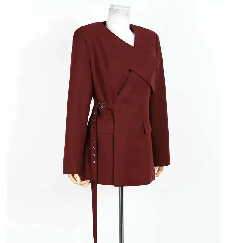 DFDG 2025 ผู้หญิงสีทึบBlazerการออกแบบข้ามไม่สม่ําเสมอและแฟชั่นLace-Up Cinched-เอวเสื้อใหม่