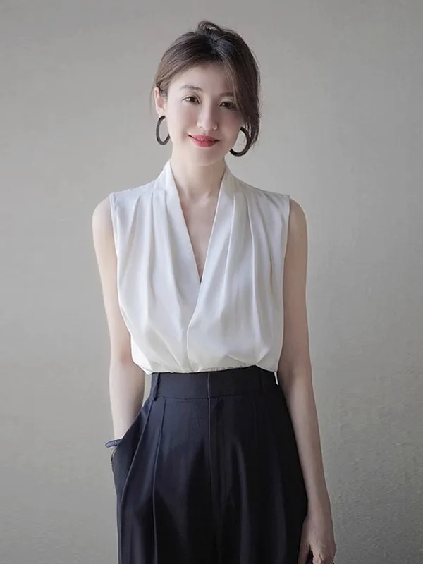 

Silk V-Ne Strapl Tank Top Women's Spring Autumn Suit Inner Wear Triacetate Svel irt Hanging Ne Top