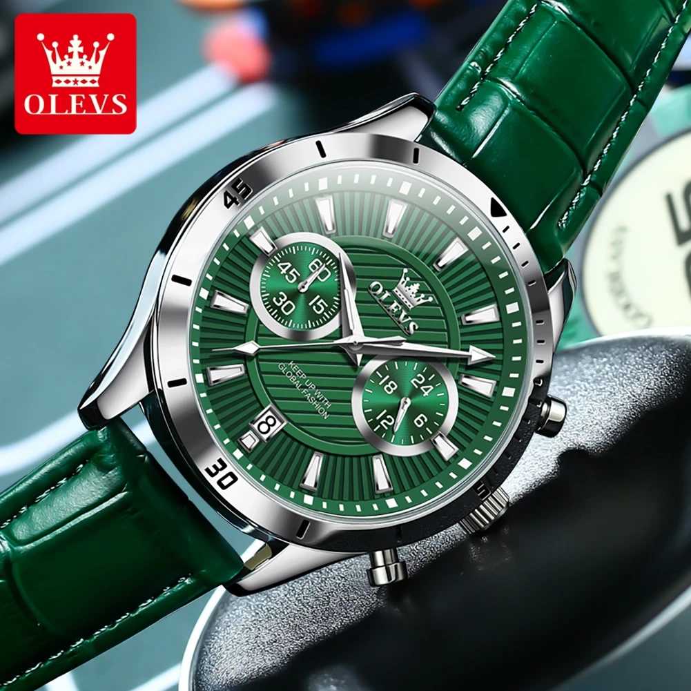 OLEVS Brand Fashion Green Quartz Watch for Men Leather Waterproof Luminous Calendar Luxury Chronograph Watches Relogio Masculino