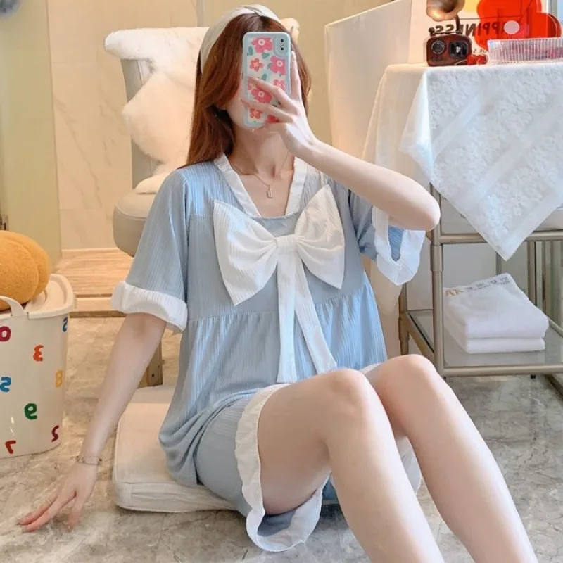 Pajamas Sets Women Short Summer Bow Cute Ins Japanese Style Princess Lace Ruched Ruffles Sweet Solid Color Kawaii Harajuku Chic