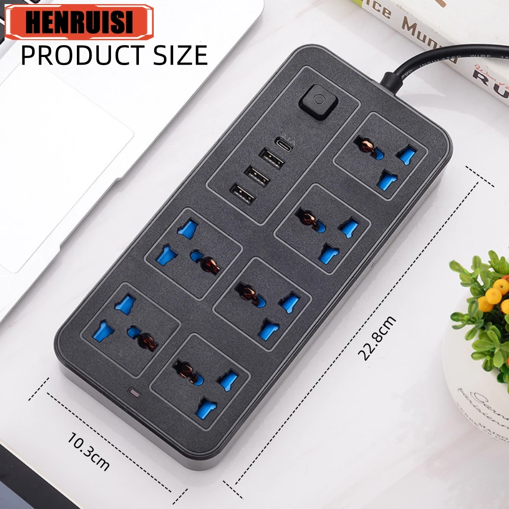 2m Extension Cord Power Multi Tap Multi Ports AC Sockets & 3 USB Electrical Socket Type C Smart Home EU US UK Universal Plug