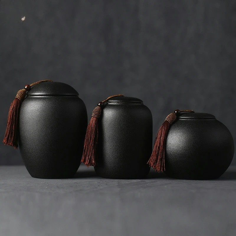 

Creative Vintage Ceramic Black Pottery Tea Canister Storage Sealing Jar Large Japanese Retro Creative Packaging Jar Home Decor