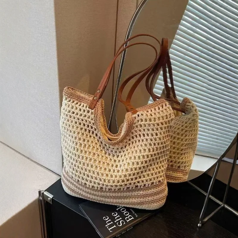 الصيف النساء الجوف خارج النسيج القش حقيبة سعة كبيرة محبوك عطلة حقيبة شاطئية الإناث حقيبة تسوق عادية تخزين حقيبة يد