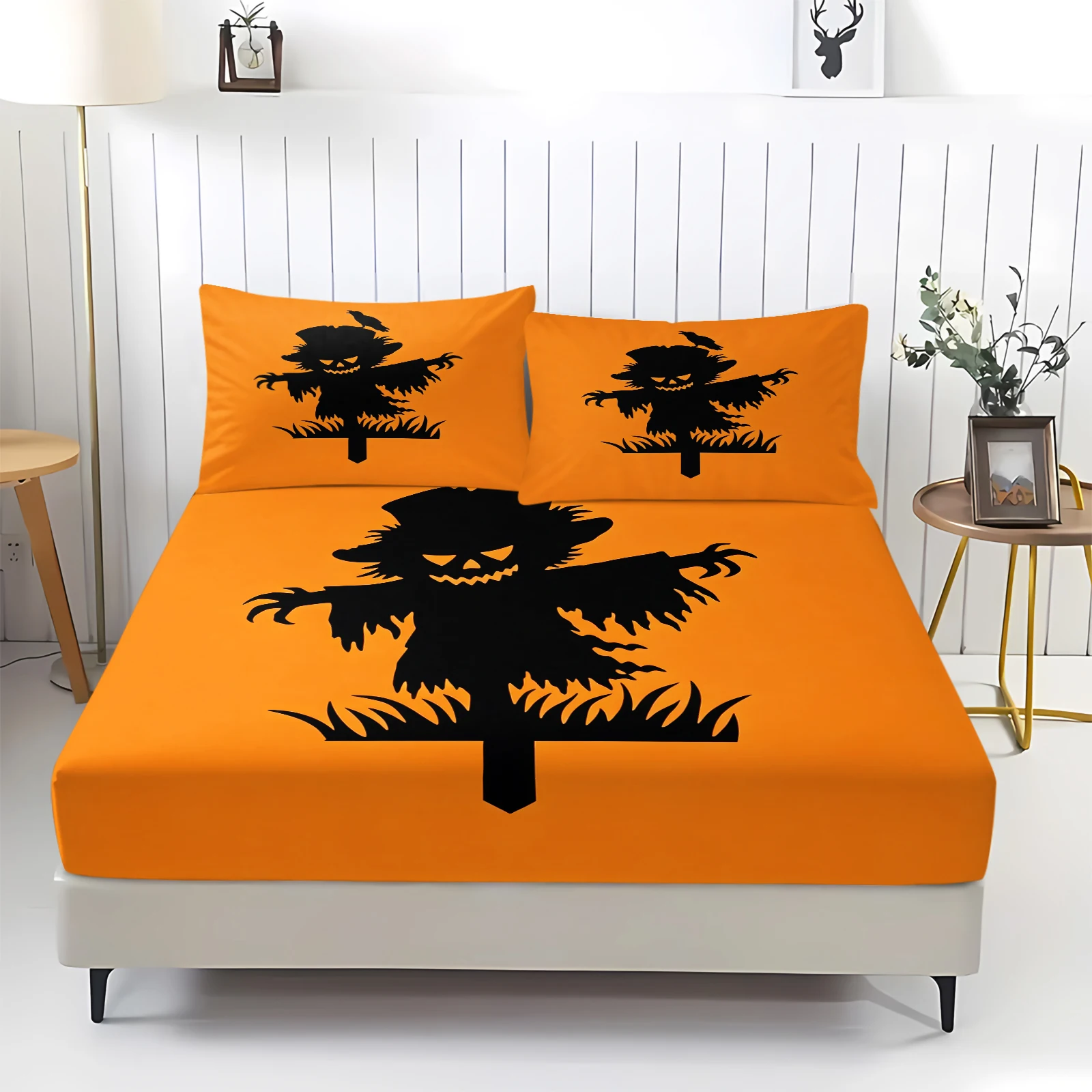 Halloween Scarecrow Fitted Sheet Set Orange Black Scarecrow Silhouette Mattress Cover With Pillowcase Spooky Holiday Bedroom