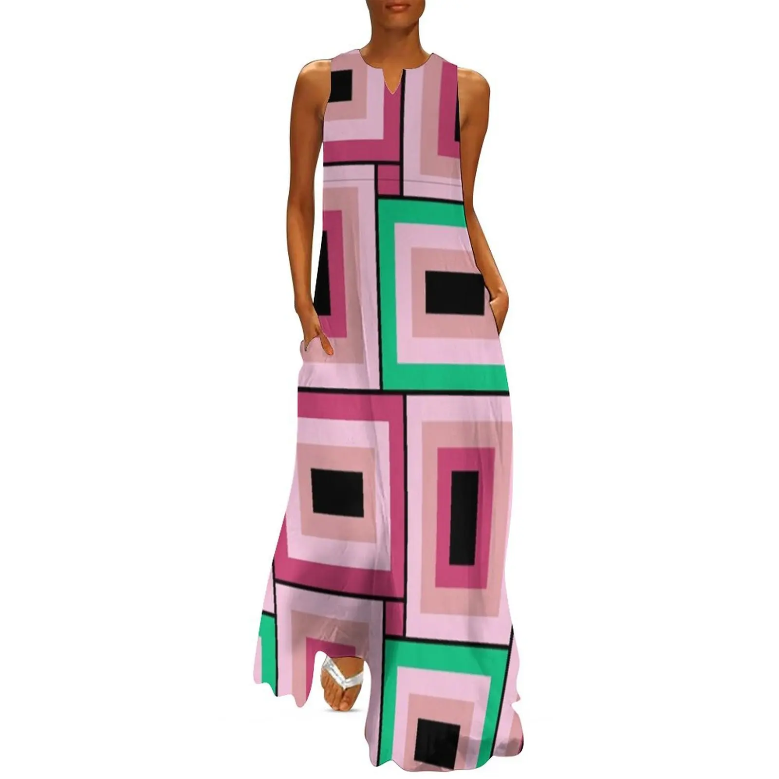 Mid-Century Modern Pink And Green Rectangles Pattern Long Dress dress summer 2025 women chic and elegant evening dress