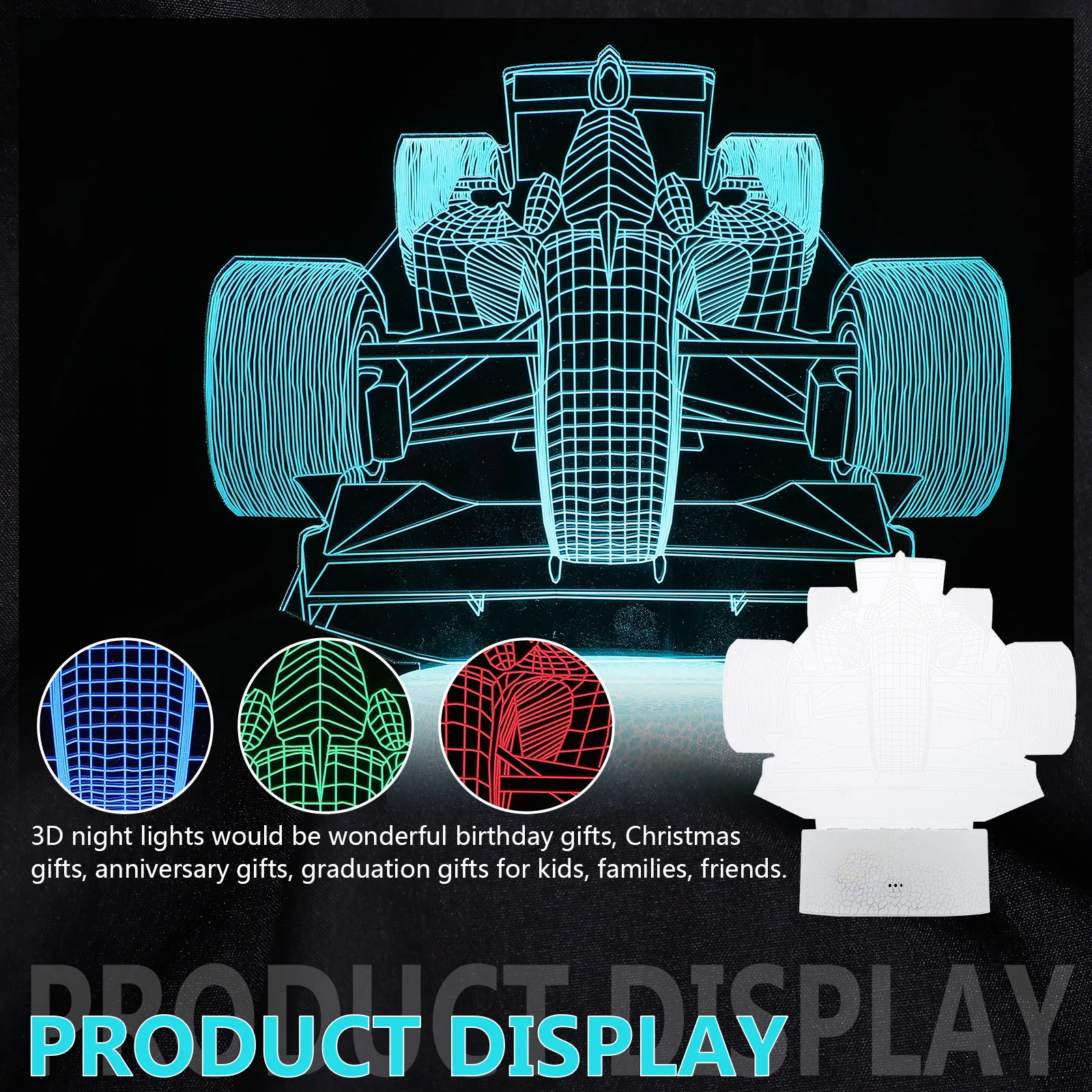 

1Set Touch 3D Night Light Racing Shape LED Visual Lamp 7 Colors Change Remote USB Powered Safe for Children's Room