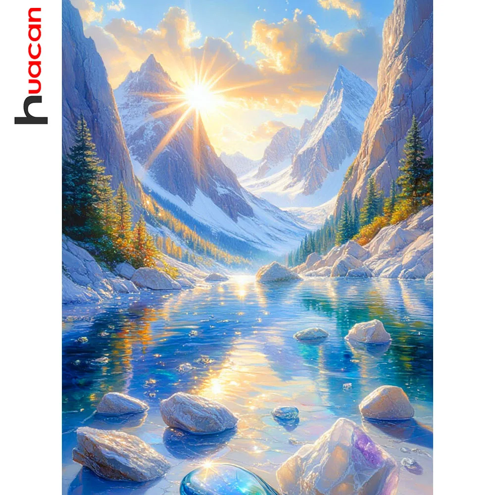 Huacan Diamantmalerei Sonnenuntergang Bergfluss Diamantmosaik Landschaft Komplettset Bild aus Strasssteinen